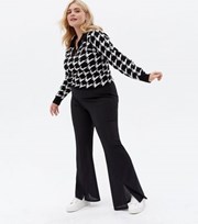 New Look Curves Black Ribbed Split Front Flared Trousers